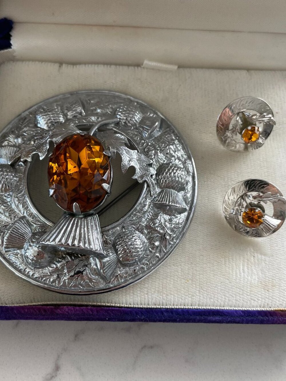 Ward Bros. Silver-Tone Metal Citrine Color Rhinestone Brooch Sterling S Earrings